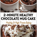 A fluffy chocolate protein mug cake in a white mug topped with light frosting showing a healthy microwave dessert in a mug.